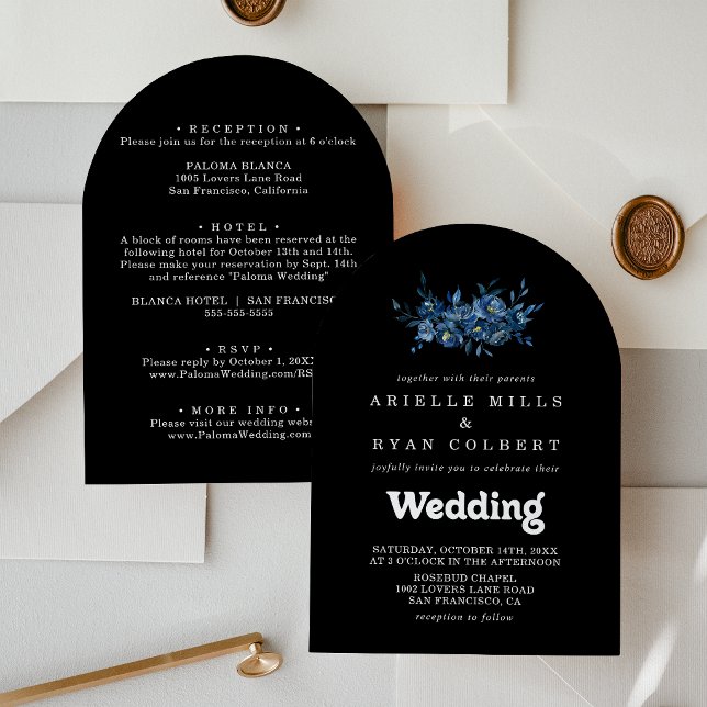 Convite de Casamento Azul Floral Marinho Frente e  (Criador carregado)