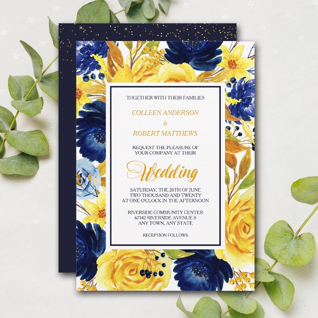 Convite de casamento Azul Floral Moderno, Marinho  (Criador carregado)