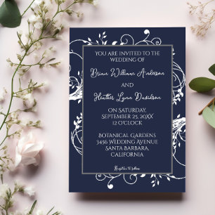 Convite de Casamento Azul-Flourish marinho
