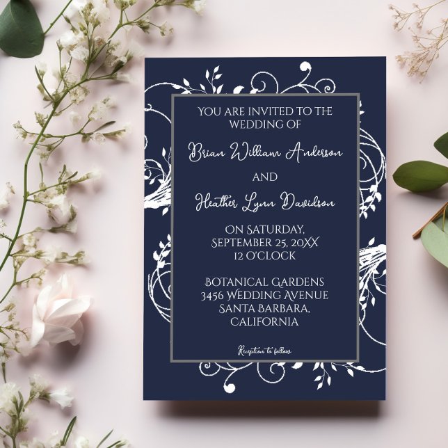 Convite de Casamento Azul-Flourish marinho (Navy Blue Flourish Wedding Invitation)