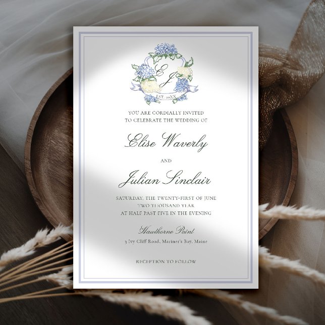 Convite de Casamento Azul Formal com Crista de Hor (hydrangea wedding invitation coastal cottagecore romantic garden formal elegant crest)