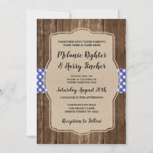Convite de casamento Azul Gingham Chalk Burlap