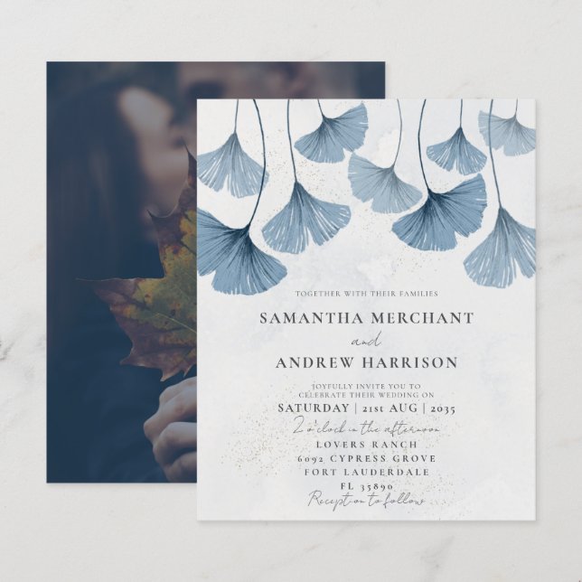 Convite de Casamento Azul Ginkgo Orçamento (Frente/Verso)
