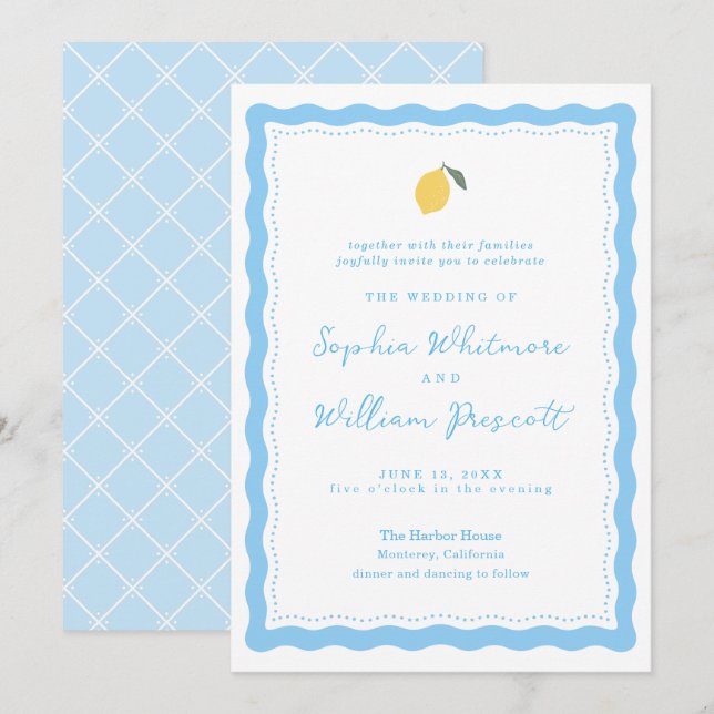 Convite de Casamento Azul Limão Amalfi Costeiro (Frente/Verso)
