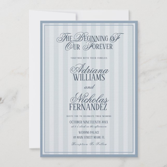 Convite de Casamento Azul Listrado Elegante (Frente)