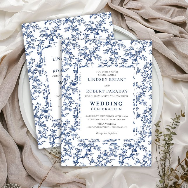 Convite de Casamento Azul Luxuoso Francês Toile de (Luxury French Toile de Jouy Blue Wedding Invite)