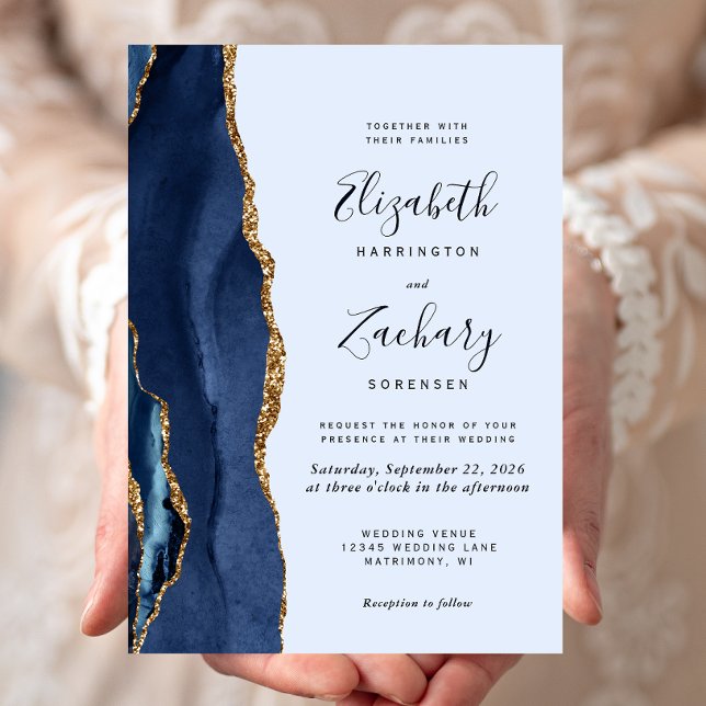 Convite de Casamento Azul Marinho Ágata Dourado Az (Criador carregado)