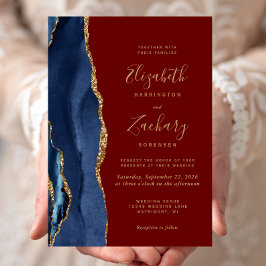 Convite de Casamento Azul Marinho Ágata Dourado Bu