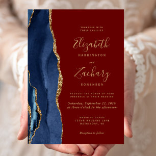 Convite de Casamento Azul Marinho Ágata Dourado Bu