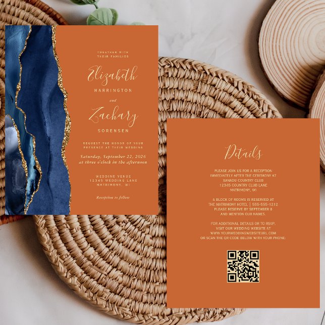 Convite de Casamento Azul Marinho Ágata Laranja Qu (Criador carregado)