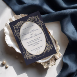 Convite de Casamento Azul Marinho Barroco Dobrado
