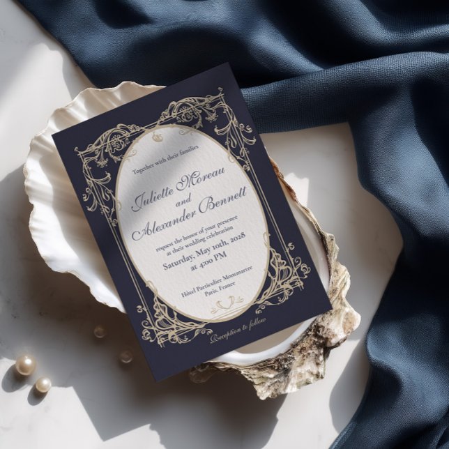 Convite de Casamento Azul Marinho Barroco Dobrado  (Criador carregado)