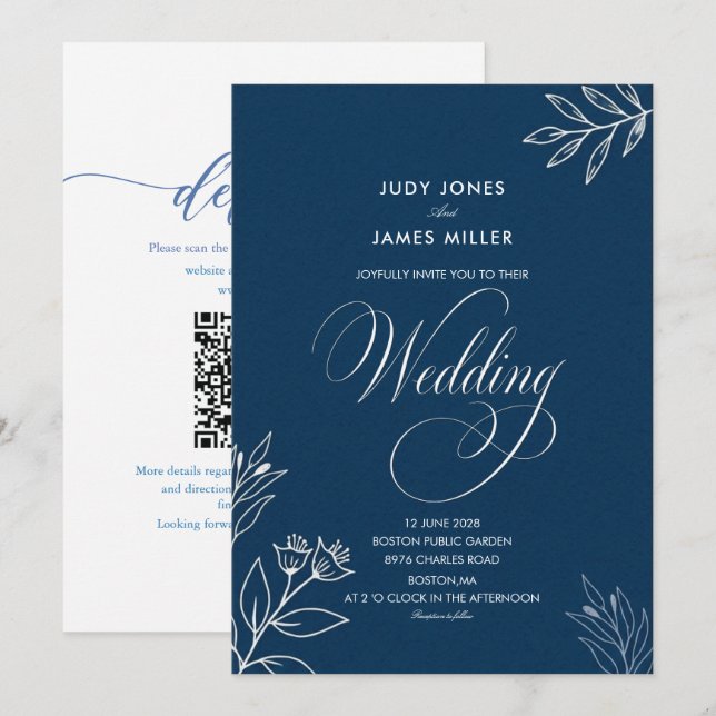convite de casamento azul marinho caligrafia minim (Frente/Verso)