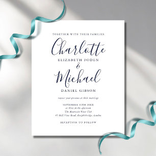 Convite de Casamento Azul Marinho Chic Script Econ