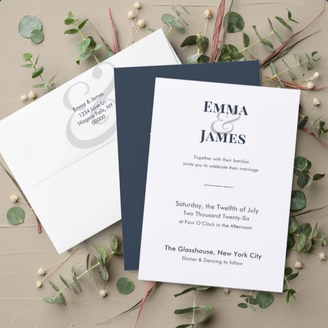 Convite de Casamento Azul-Marinho com Código QR |  (Modern two-tone navy invitation featuring clean typography and elegant minimalist styling.)