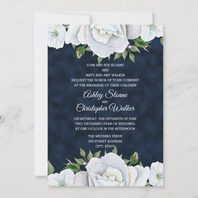 Convite de Casamento Azul Marinho com Floral Branc (Frente)