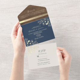 Convite de Casamento Azul Marinho com Madeira e Fo