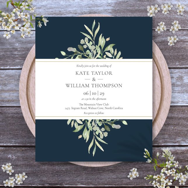 Convite de Casamento Azul Marinho com Verdejante E (Deep Sea Blue Greenery Budget Wedding Invitation)