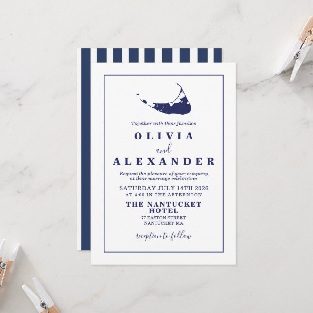 Convite de casamento azul marinho de Nantucket (Frente/Verso In Situ)