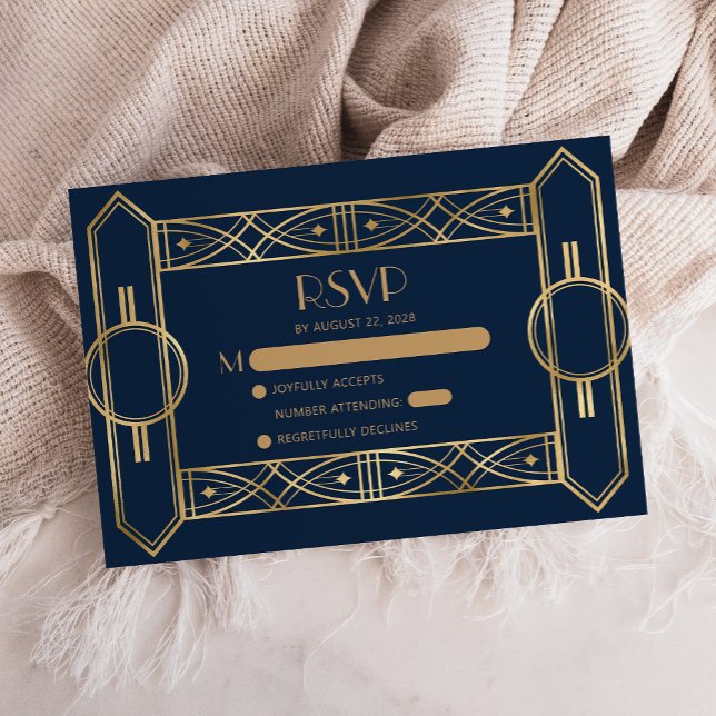 Convite de casamento azul marinho dourado Deco Vin (Criador carregado)