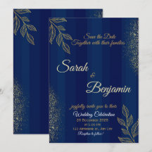 Convite de Casamento Azul Marinho Dourado Elegante