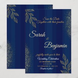 Convite de Casamento Azul Marinho Dourado Elegante
