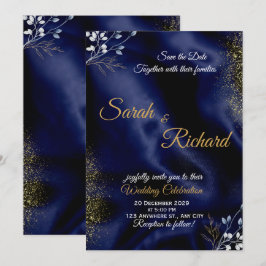 Convite de Casamento Azul Marinho Dourado Elegante