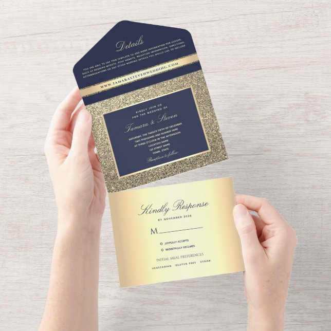 Convite de Casamento Azul Marinho Dourado Elegante (Aba destacável)