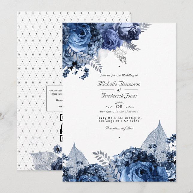 Convite de Casamento Azul Marinho e Branco com Fol (Frente/Verso)