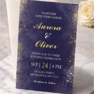 Convite de Casamento Azul Marinho e Dourado Elegan