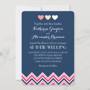 Convite de Casamento Azul Marinho e Rosa Chevron A
