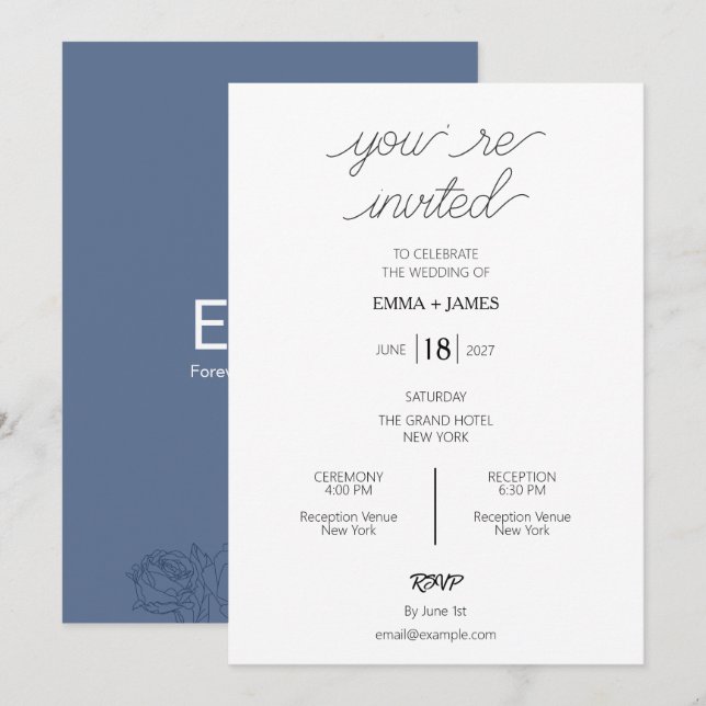Convite de Casamento Azul Marinho Elegante (Frente/Verso)