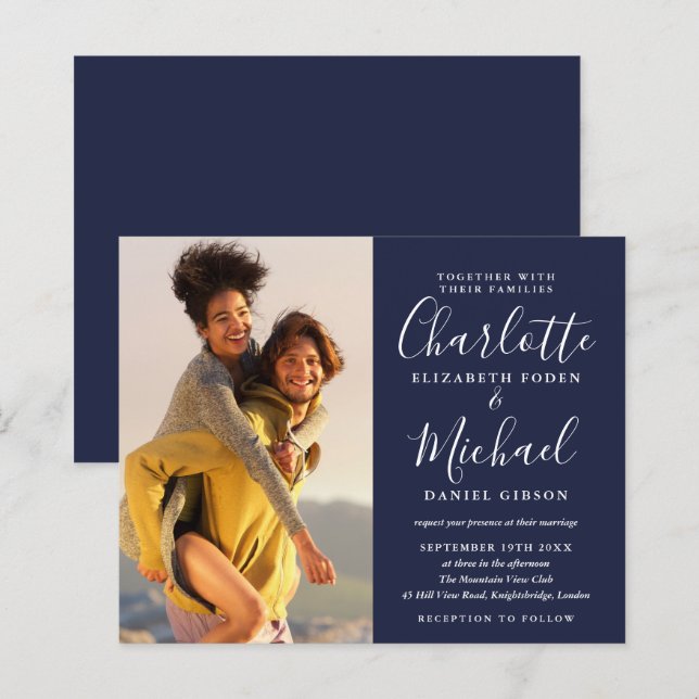 Convite de Casamento Azul Marinho Elegante com Fot (Frente/Verso)