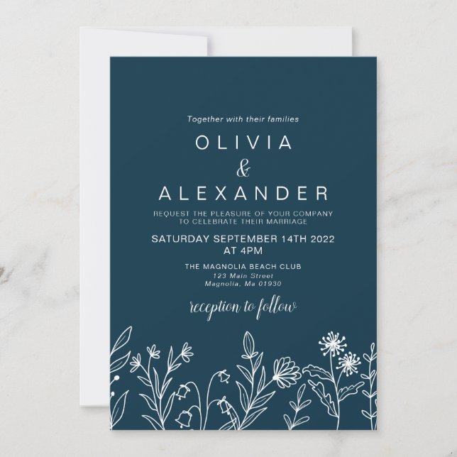 Convite de casamento azul marinho flor silvestre b (Frente)