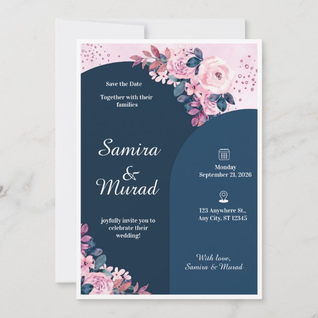 Convite de Casamento Azul Marinho Moderno (Frente)