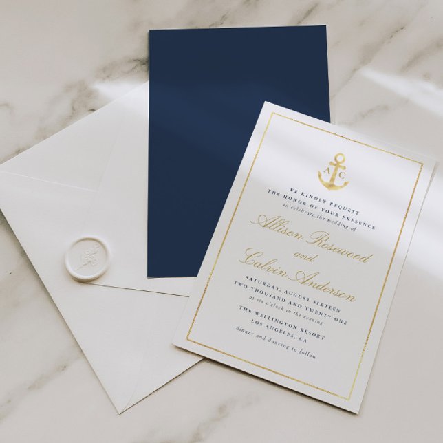 convite de casamento azul marinho náutico elegante (Criador carregado)