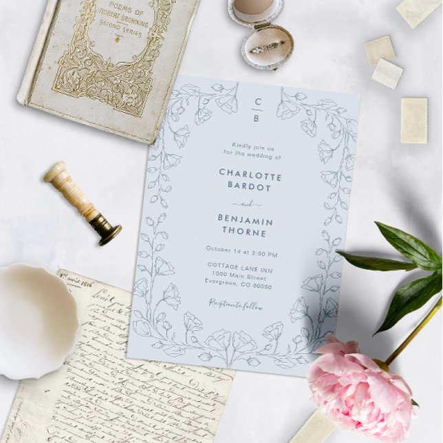 Convite de Casamento Azul Monograma (Criador carregado)