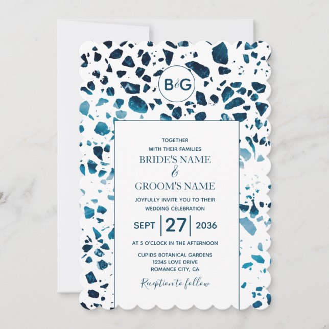 Convite de Casamento Azul Mosaico Terrazzo Abstrat (Frente)