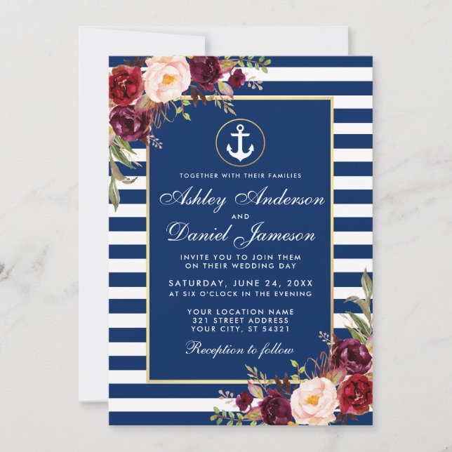 Convite de casamento azul náutico com listras burg (Frente)