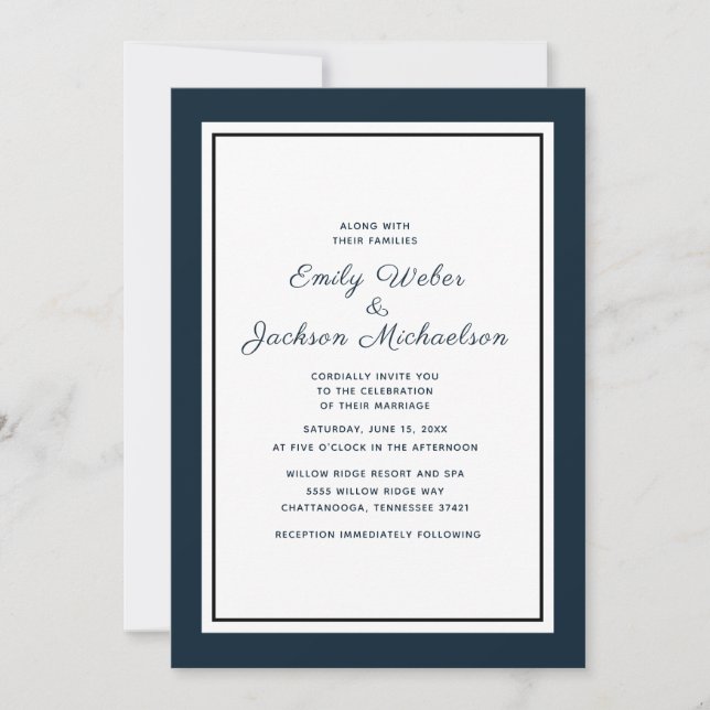 Convite de Casamento Azul Naval Branco Elegante Mo (Frente)