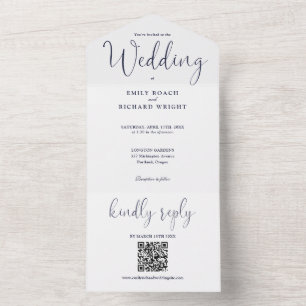 Convite de Casamento Azul Naval Código QR Minimali