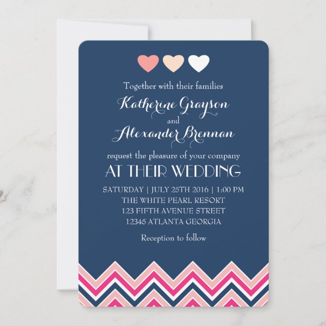 Convite de Casamento Azul Naval e Rosa com Chevron (Frente)