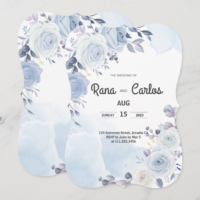 Convite de casamento azul naval floral elegante (Frente/Verso)