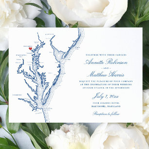 Convite de Casamento Azul Naval Mapa da Baía de Ch