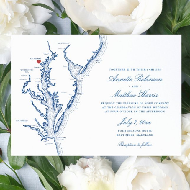 Convite de Casamento Azul Naval Mapa da Baía de Ch (Elegant Baltimore Maryland map wedding invitation with navy blue map of the Chesapeake Bay)