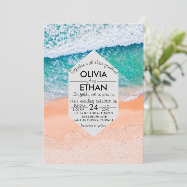 Convite de casamento azul naval náutico de praia (Em pé/Frente)