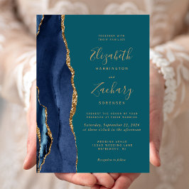 Convite de Casamento Azul Navy Dourado Ágata Verde