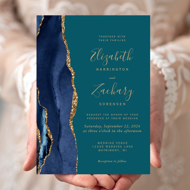 Convite de Casamento Azul Navy Dourado Ágata Verde (Criador carregado)