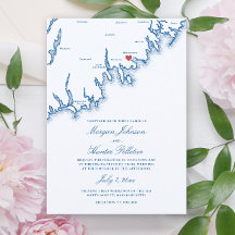 Convite de Casamento Azul Navy Elegante Mapa de Ma