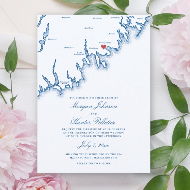 Convite de Casamento Azul Navy Elegante Mapa de Ma (Mattapoisett Massachusetts Wedding Invitation in Elegant Navy Blue from Coastal Map Designs)
